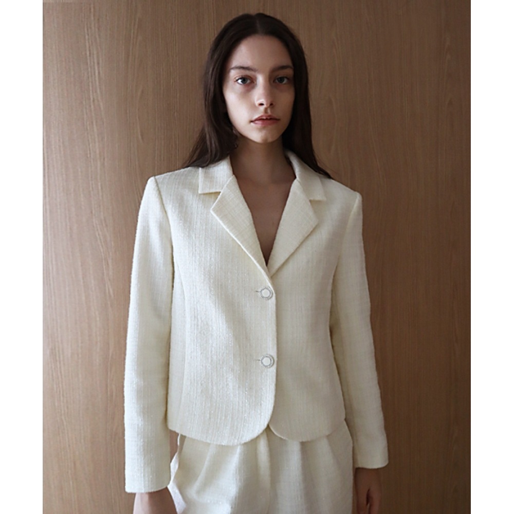 DAMAGE MNEMONIC ツイード2 グリッタークロップアイボリージャケット_ Tweed2 Glitter Crop IV JK