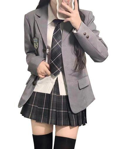 [QOOLYᅠ] 女子学生服 5点セット スーツ ジャケット 高校生 女子制服 セット スカート 卒業式 入学式 お遊戯会 GREY XL
