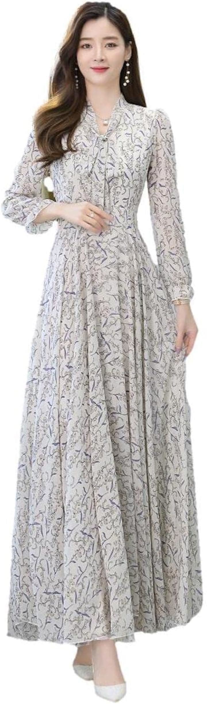 ロングシフォンワンピース レディース 小花柄 長袖 パフスリーブ ボウタイリボン ハイウエスト Ａライン フレア 上品 体形カバー スタイリッシュ 細見え(ホワイト, 4XL)