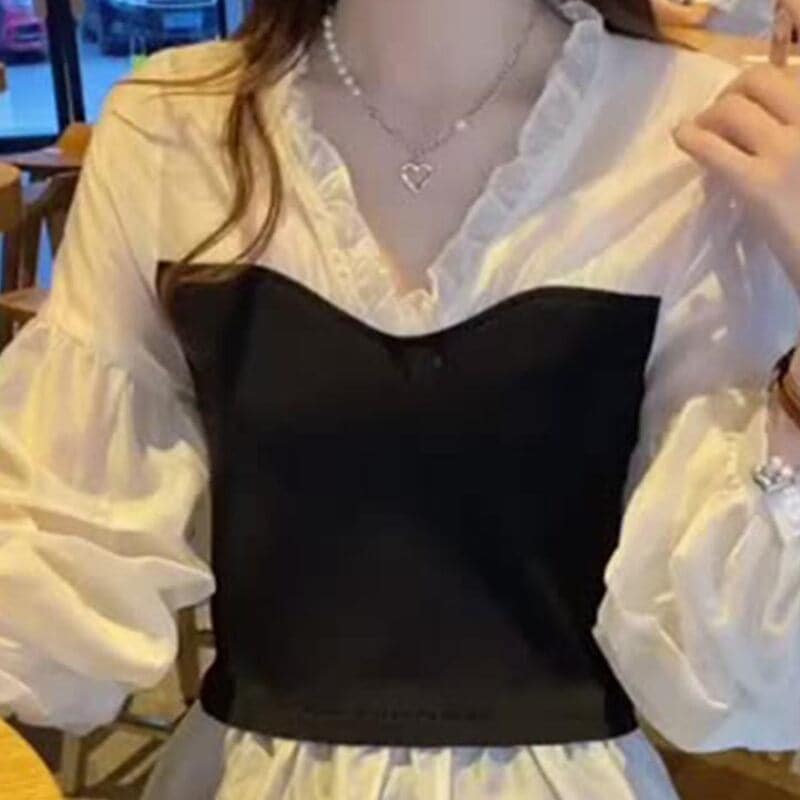 レディース トップス Vネック 長袖 レイヤード風 楽ちん レトロ ヴィンテージ 大人可愛い