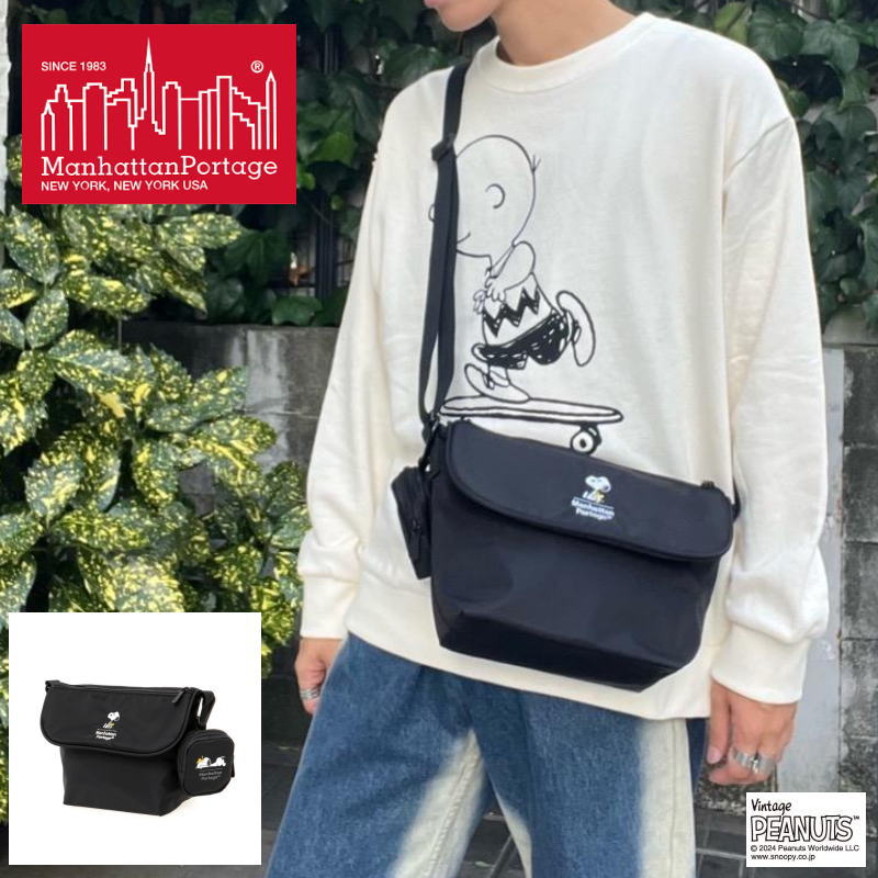 正規品 ナイロン メッセンジャー /XXS/ フラップ ジッパー ポケット フライト ナイロン バッキング ピーナッツ FW2024 ブラック 1603-FZP-NTWL-B-PEANUTS-FW24
