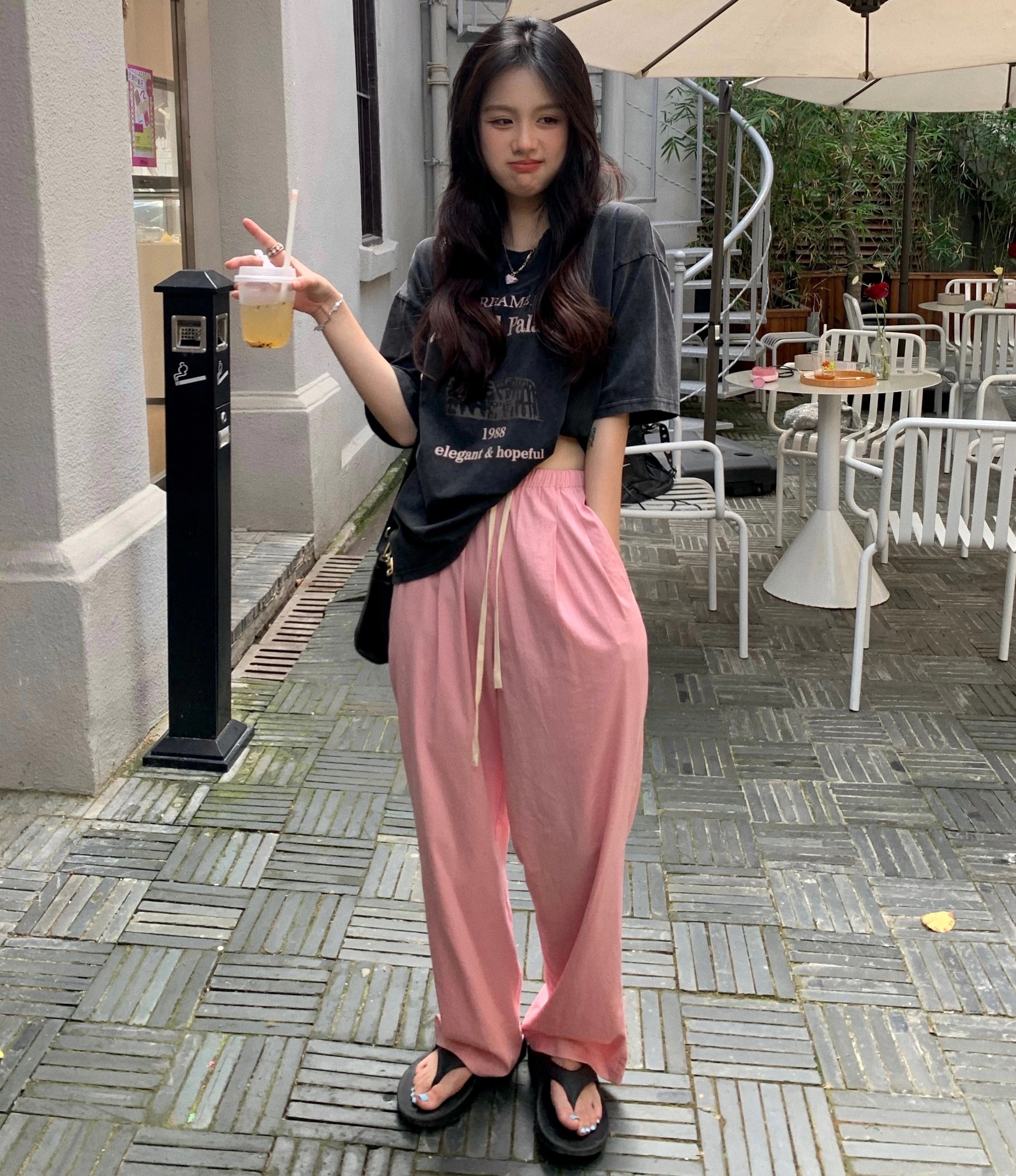 セットアップ レディース Tシャツ パンツ ストレート ワイド 上下セット 部屋着 半袖 ハイウエスト 楽ちん ゆったり カジュアル ルーズ ラフ シンプル 普段使い ダークグレー ピンク S M L