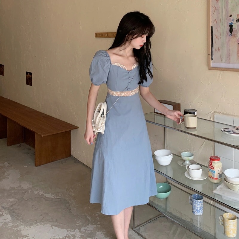 レースパフスリーブワンピース ワンピース フレアワンピース ロング ロング丈 袖あり 半袖 パフスリーブ Vネック レース ハイウエスト 透け感 かわいい 大人可愛い シンプル カジュアル 大人