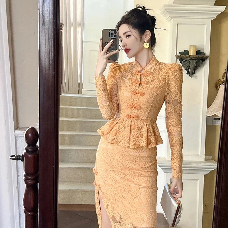 【急速出荷!】2025秋冬ガールズ改良チャイナダイヤモンドフリルウエストツーピースヒップカバー女性用 111