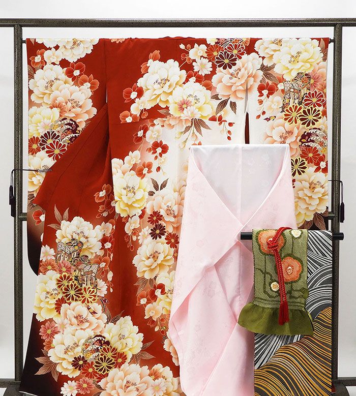 振袖 正絹 雪輪四季花御所車模様 5点セット 身丈164cm 裄丈66cm 袋帯 長襦袢 帯締め 帯揚げ 振袖セット リサイクル 中古 着物 e4092 38,870円