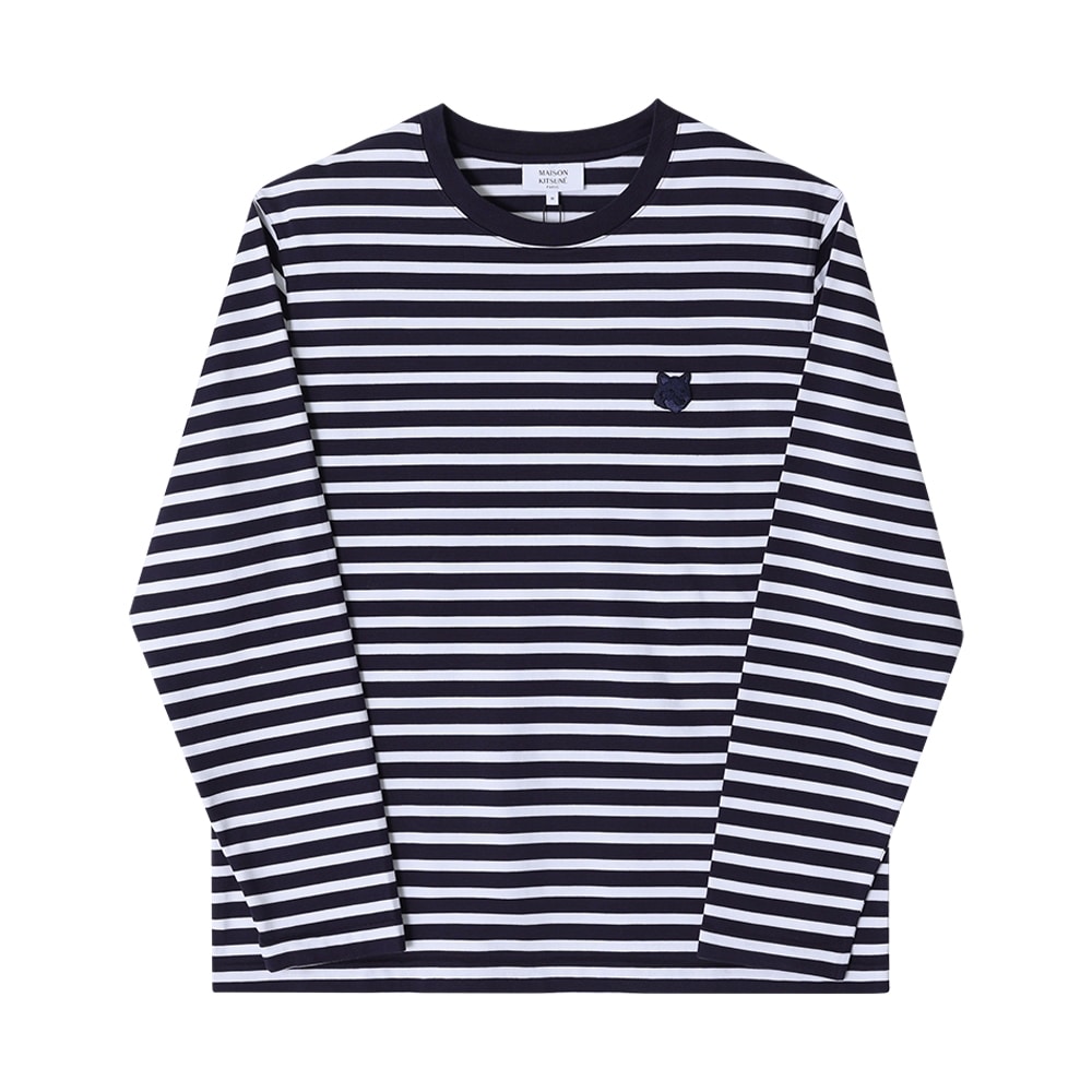 メゾンキツネ OM00125KJ0044 S481 ボールドフォックスヘッドパッチストライプマリンメンズロングスリーブTシャツ