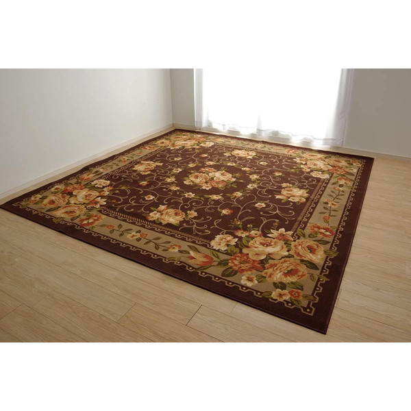 1340560063802 ナイロン 花柄 簡易カーペット 撥水キャンベル ブラウン 江戸間8畳 352×352cm メーカー直送