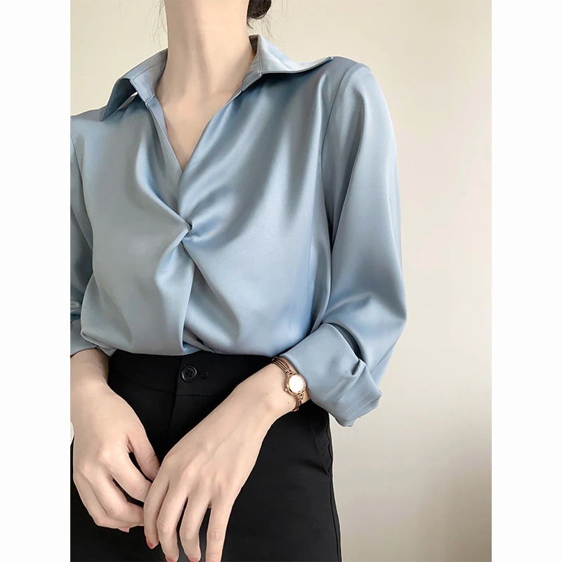 3色 シャツ ブラウス レデイース 春 長袖 Vネック トップス 無地 オトナ女子 きれいめ オフィスレジャー