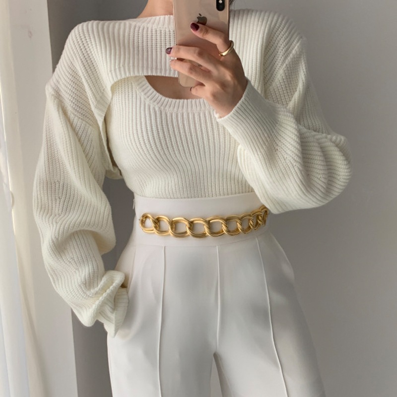 ニット トップス ニットソー ショート ショート丈 袖なし 袖あり ノースリーブ 長袖 ラウンドネック 2点セット ツーピース かわいい 大人可愛い きれいめ シンプル カジュアル 大人 上品