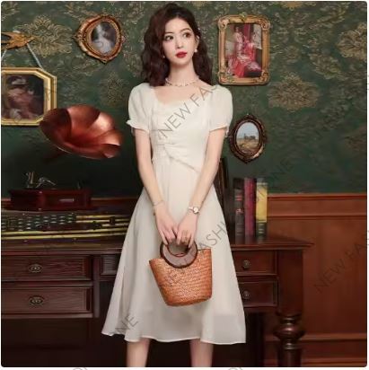 新中国風チャイナドレスバブリー袖スクエアネックワンピース-41