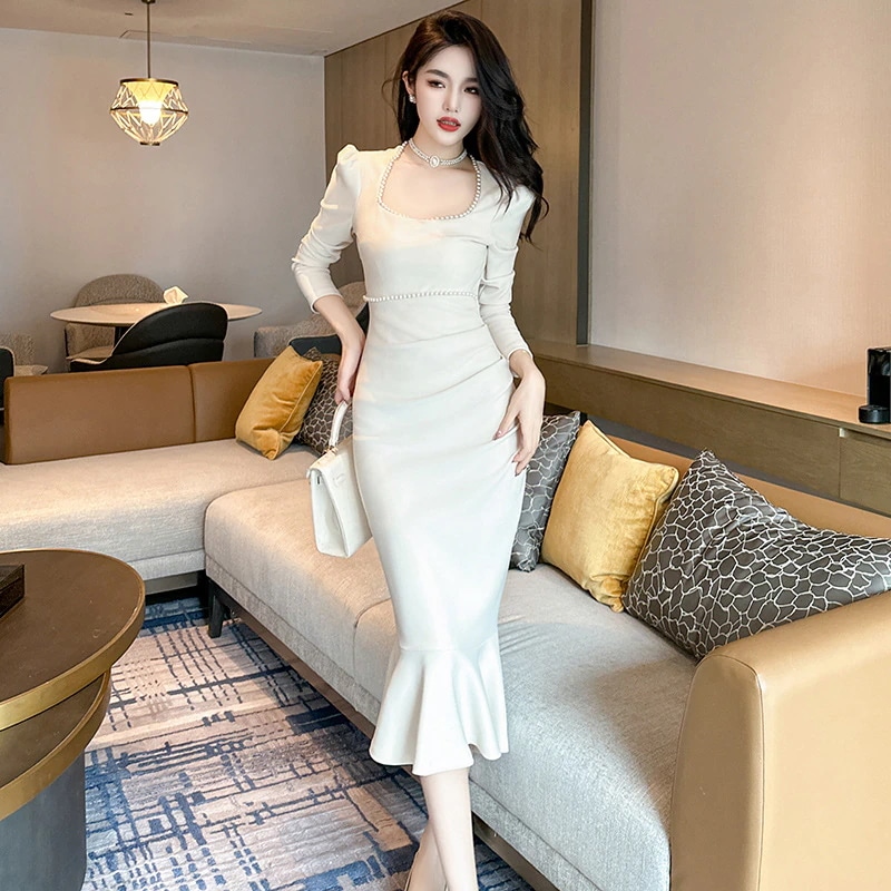 フィッシュテールワンピース 結婚式 セクシー 二次会 ロングワンピース タイトワンピース 発表会 スリミング ドレス ウェディング 演奏会 ワンピース 披露宴 真珠 パーティードレス 4,824円