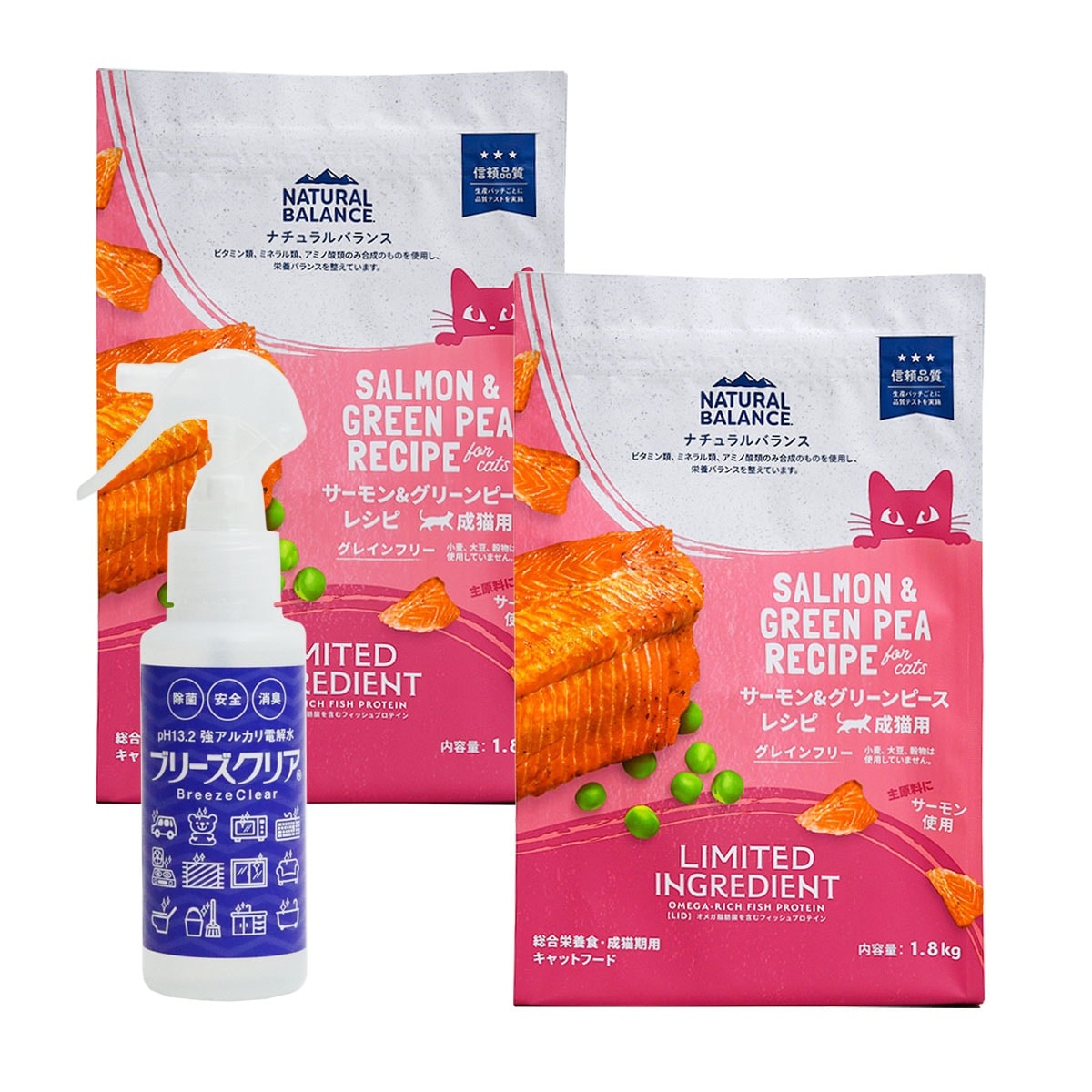 LIDグレインフリー 猫用 サーモン&グリーンピース 1.8kg×2袋【ph13.2強アルカリ電解水100ml付き】