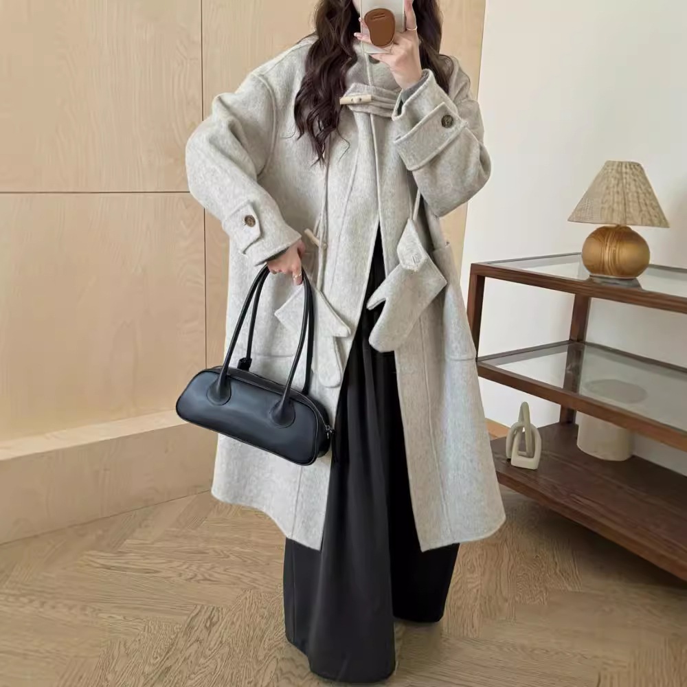 韓国風のミドル丈のエレガントなダブルフェイスウールコート手袋とフード付き厚手でゆったりとしたフィット感