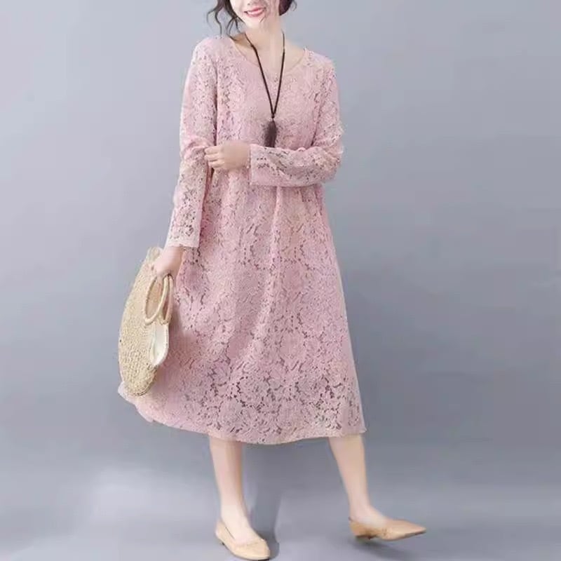 ワンピース ロング丈 袖あり 半袖 ラウンドネック 襟なし ルーズ Aライン レース ふわふわ 透け感 プルオーバー 薄手 大人可愛い きれいめ シンプル カジュアル 大人 上品 お洒落 かっこいい