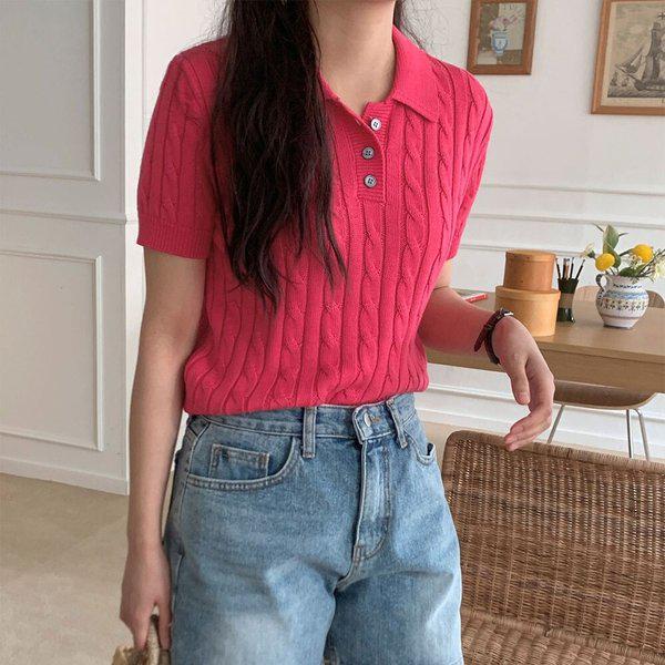 女性ネルソンケーブルカラー半袖ニット SGW-KNH-Q022-ホットピンク