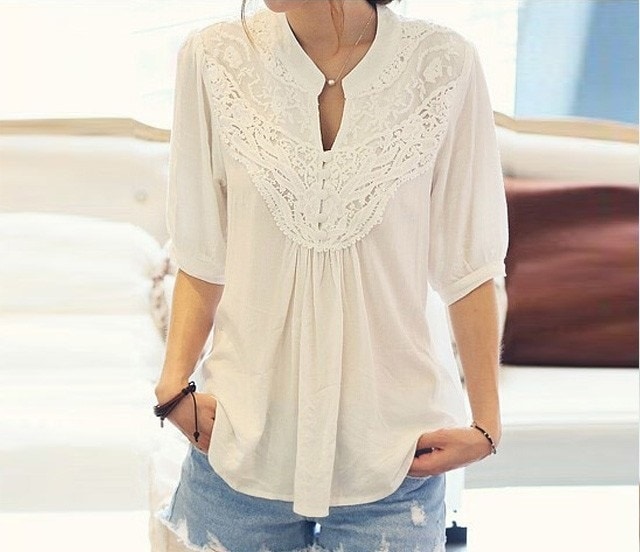 2326.フロントレースシャツブラウス(ホワイト) 2019 春夏 新作 大人 かわいい カジュアル OL 20代 30代 デート服 女子会 シンプル チュニック 総レース チュニック