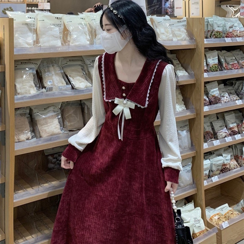 フレンチレトロコーデュロイリボンドレス女性用2025春新作レースステッチ長袖ミモレ丈スカート