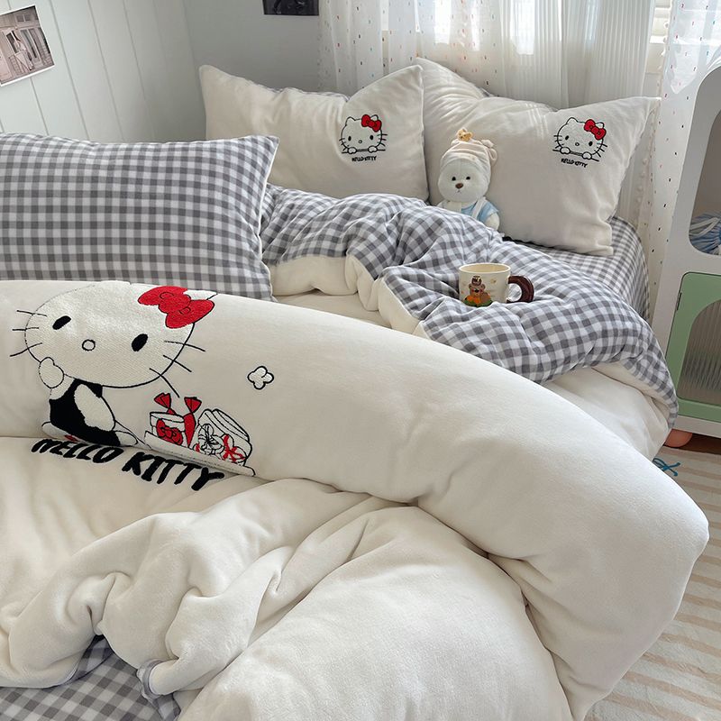 タオル刺繍厚手ミルク絨毯4点セット冬のサンゴ絨毯布団カバー両面加絨フランネルシーツ3点セット