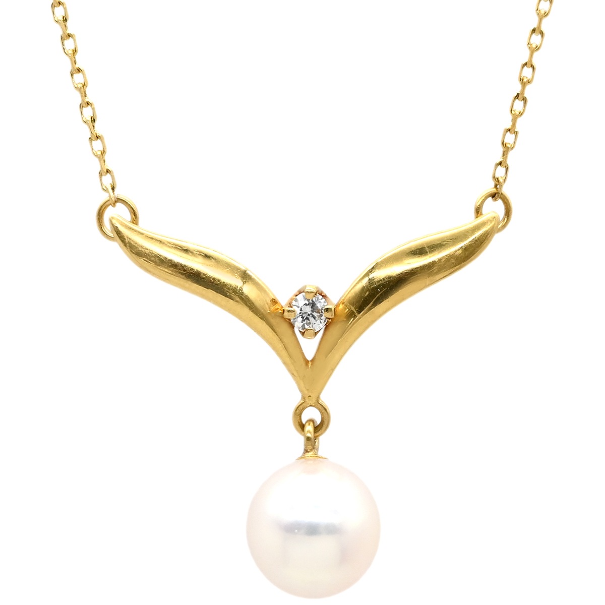 ミキモト ネックレス パールネックレス パールホワイト×イエローゴールド MIKIMOTO 真珠 18K 18金 Au750 ダイヤ V字 パールスウィング 【中古】