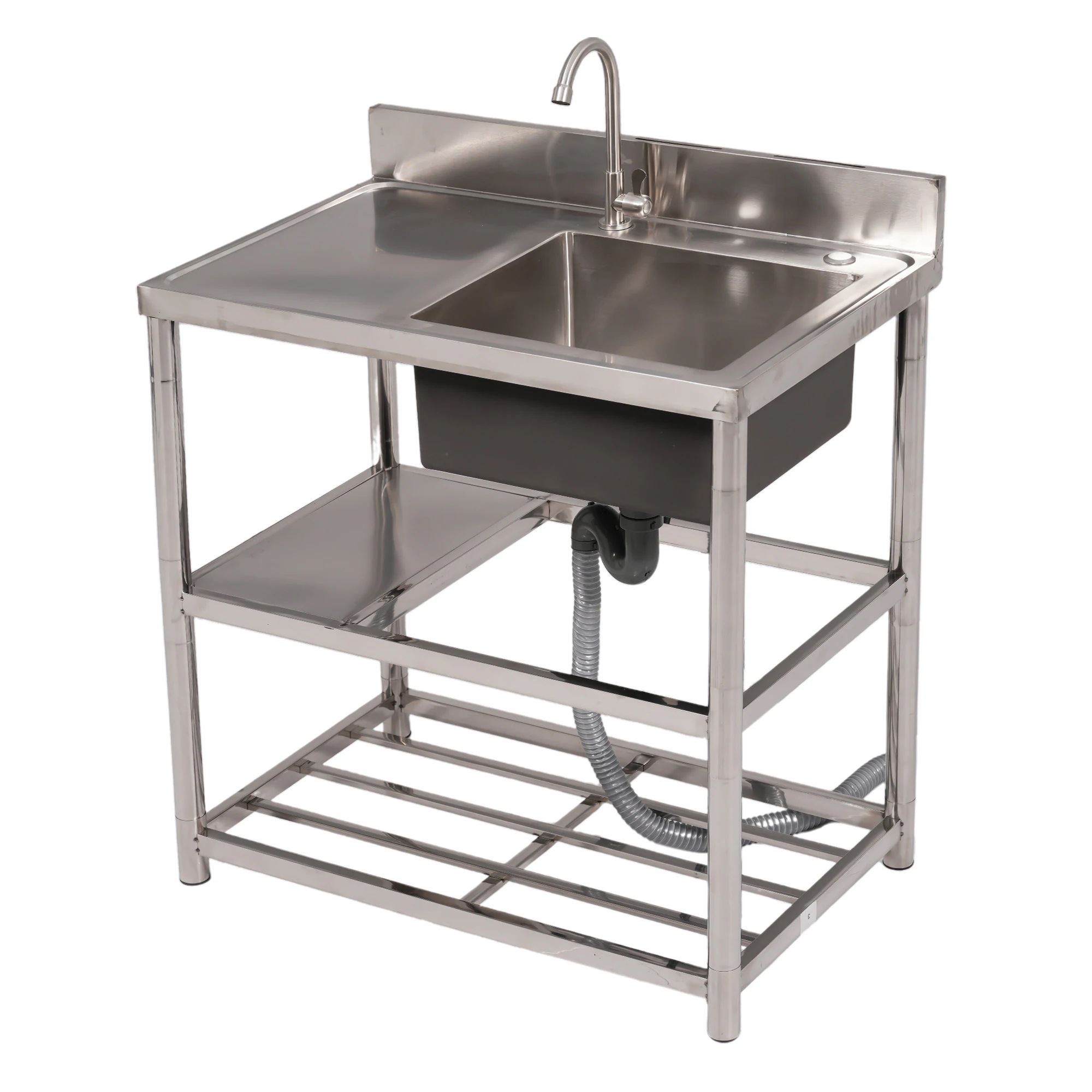 1427【幅80cm】屋外 流し台 ステンレス ガーデンシンク 作業台 キッチン 台所 屋外 簡易 シンク 組み立て簡単 収納棚付 庭 高さ調節 調理台 ガーデニング 庭 DIY 頑丈 新作【シルバー 10,772円
