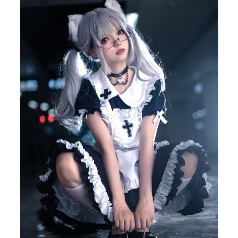 2026新入荷！【早割り】ハロウィーン十字架メイド服古典白黒lolitacosごキャラ看護師メイド変装セット大サイズ