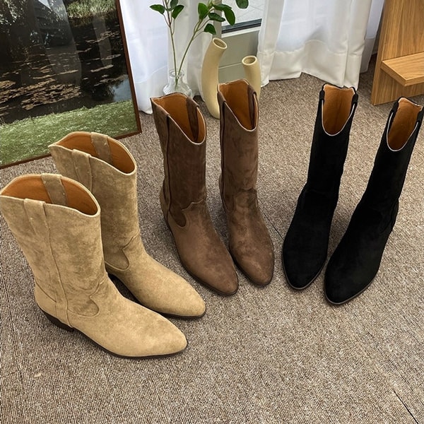 ミドルブーツ ウエスタンブーツ ポインテッドトゥ レディース 黒 茶 ベージュ 靴 婦人靴 韓国 7,965円