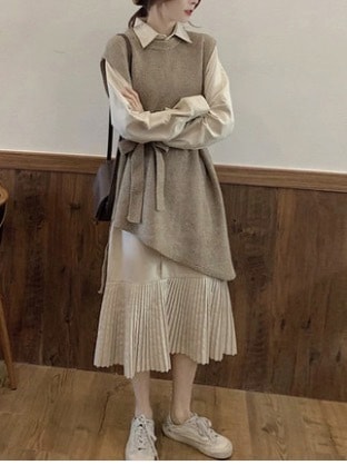 トップス ワンピース セットアップ ベスト フレアスカート シャツワンピース ミモレ丈 ロング ロング丈 袖あり 長袖 ラウンドネック 襟付き ストレート Aライン プリーツ ニット 上下セット