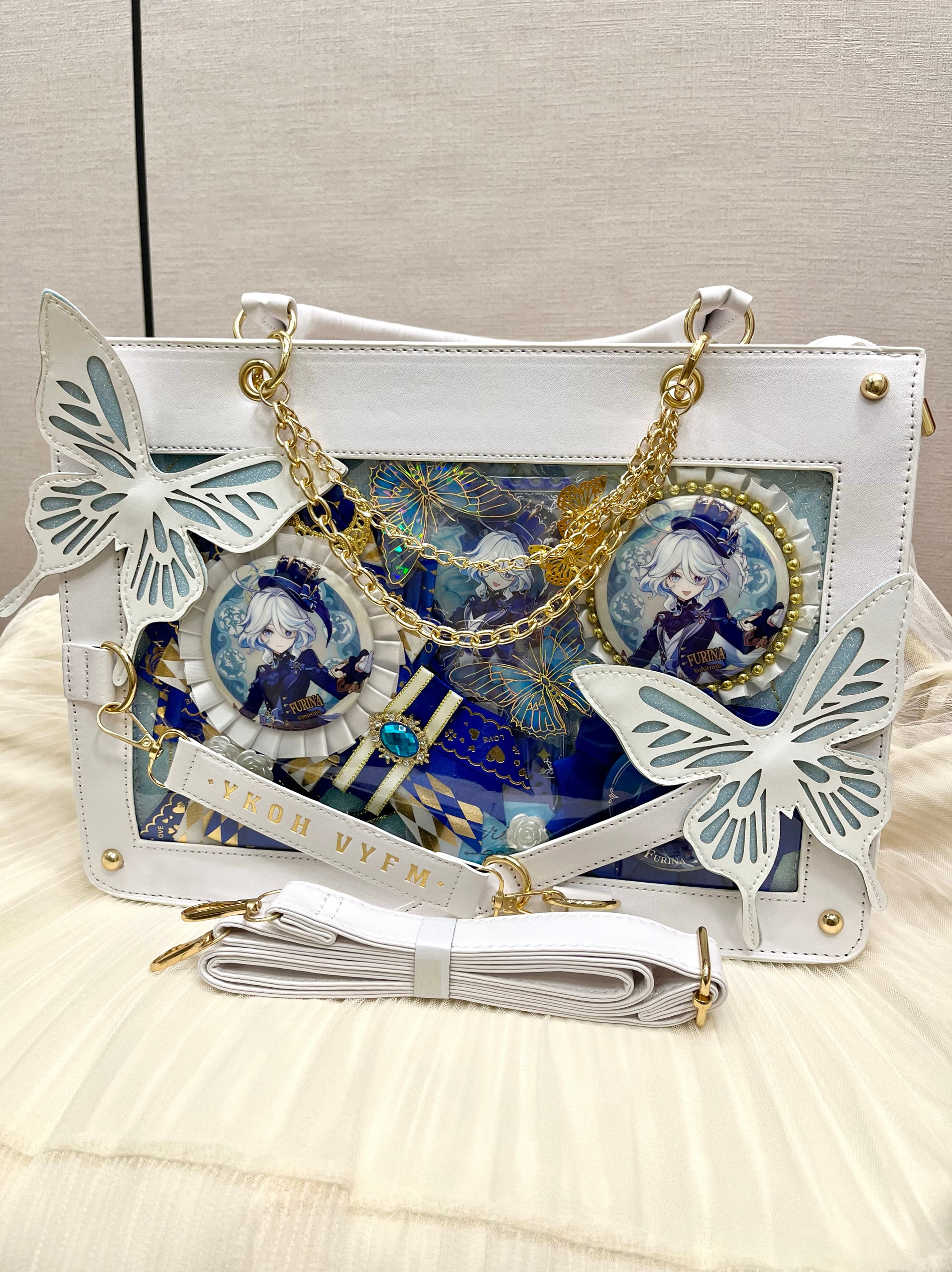 二次元原神芙寧娜痛包完成品痛板蝶結び斜めクロスバッグバッジ谷美大容量ショルダーバッグ