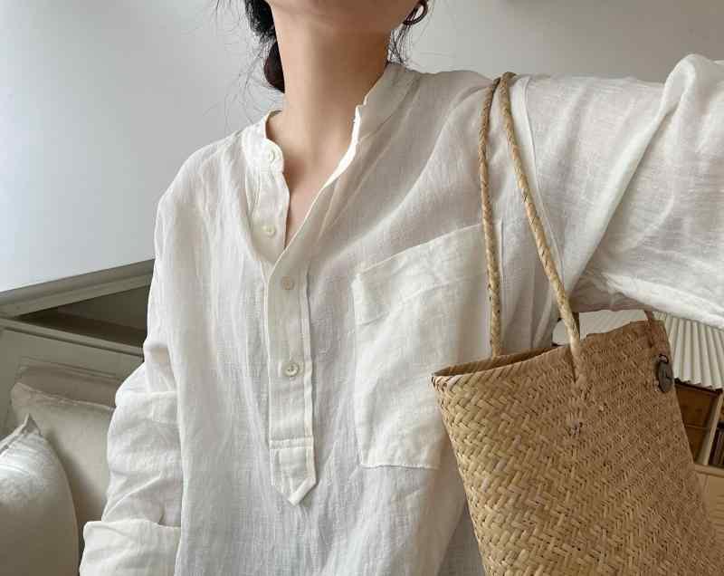 レディース　　シャツ　トップス Trouvaille Store 1 oo フレンチ リネン ラウンドネック 和風 長袖 シャツ カジュアル 日焼け防止 ブラウス