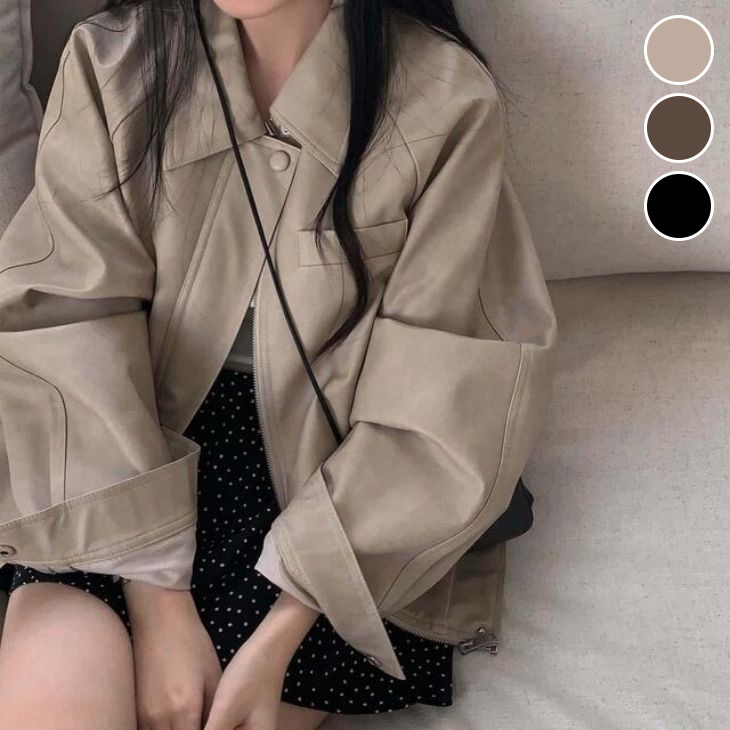 ジャケット ライダース風 PU ジップアップ メンズライク オーバーサイズ 羽織り カジュアル 長袖 秋冬 おすすめ レディース オシャレ トレンド 人気 プチプラ 韓国ファッション