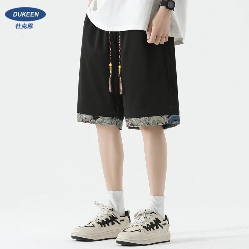 新しい中国風ヘビーショートパンツ男性用夏のファッションブランドルーズカジュアルスプライシングミッドパンツ中国風レトロストレートレッグ5点パンツ