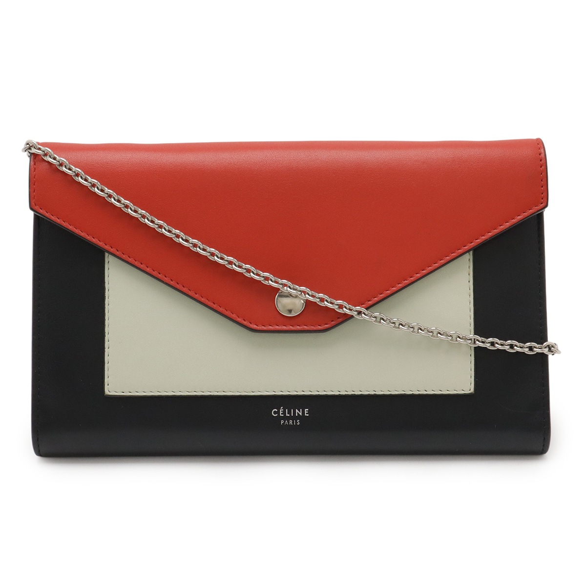 ポケット ラージフラップ チェーンウォレット ショルダーバッグ 2WAY クラッチ レザー ブラック レッド アイボリー シルバー金