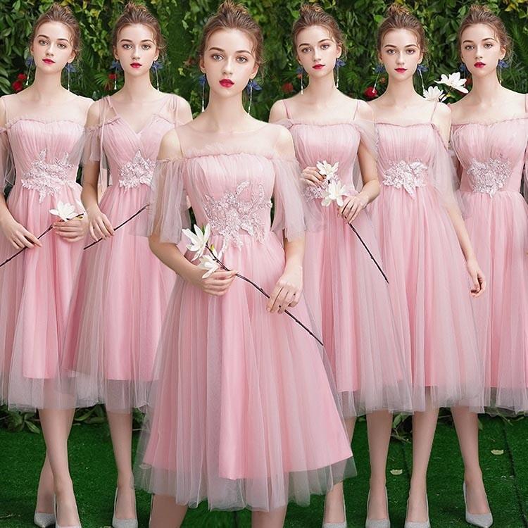 ブライズメイド ドレス ミモレ丈 ピンク ピアノ発表会 ドレス 大人 ミモレ丈ドレス 袖付き カラードレス 発表会 ドレス 大人 レディース 結婚式 二次会