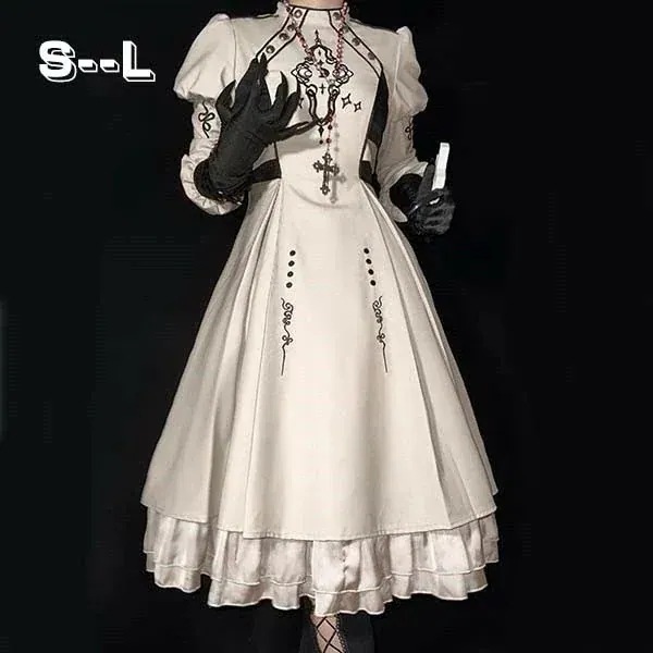 ワンピース ロリータ レディース ゴスロリ ハイウエスト Aライン 暗黒風 ロリィタファッション 長袖 ロリータワンピース コスチューム コスプレ 衣装 洋服 日常 仮装 パーティ イベント ステージ