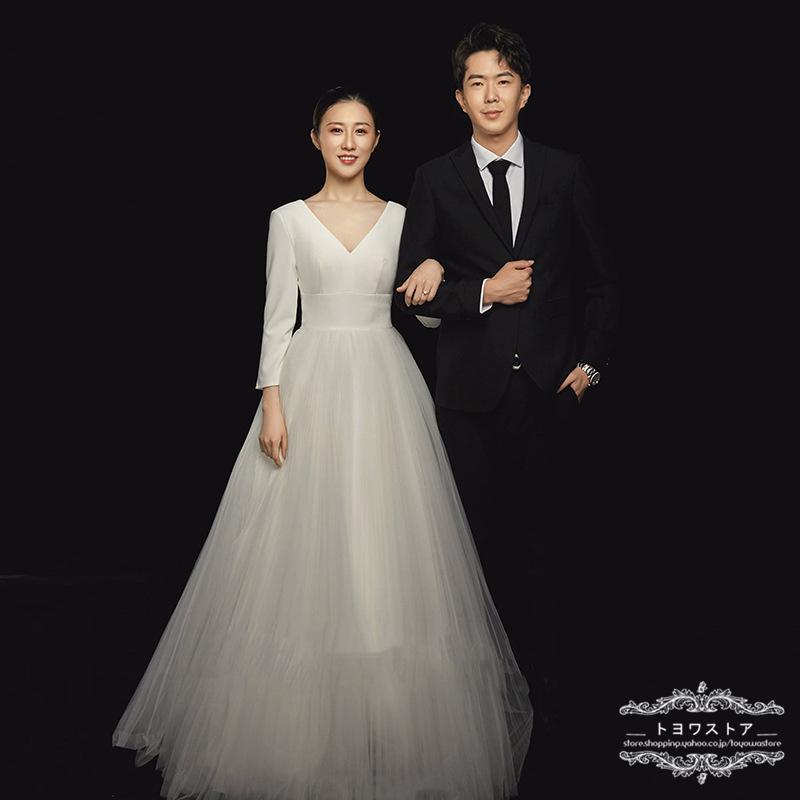 ウェディングドレス 白 結婚式 ウエディングドレス 長袖 Ｖネック 花嫁ドレス 二次会 披露宴 ブライダル パーティードレス 海外挙式 前撮り