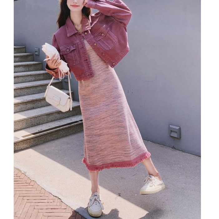 ハイエンドのカスタマイズ-韓国スタイルの完全なセットのデニムジャケットサスペンダースカートスーツ女性のための 2024 秋の新しいニットドレス 2 点セット 5,601円