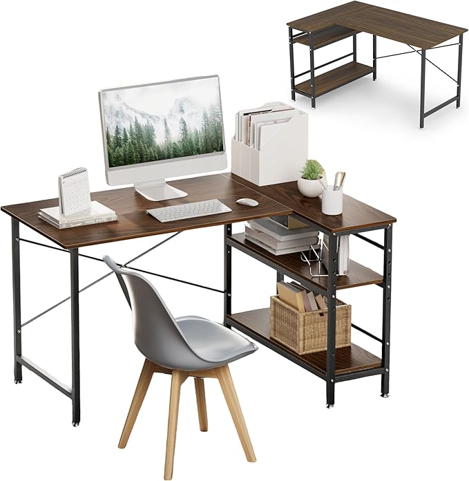 L 字型パソコンデスク 幅 130× 奥行 90cm 左右入れ替え可 一体型ラック付 防傷防汚耐熱天板 書斎在宅勤務用 ウォルナット