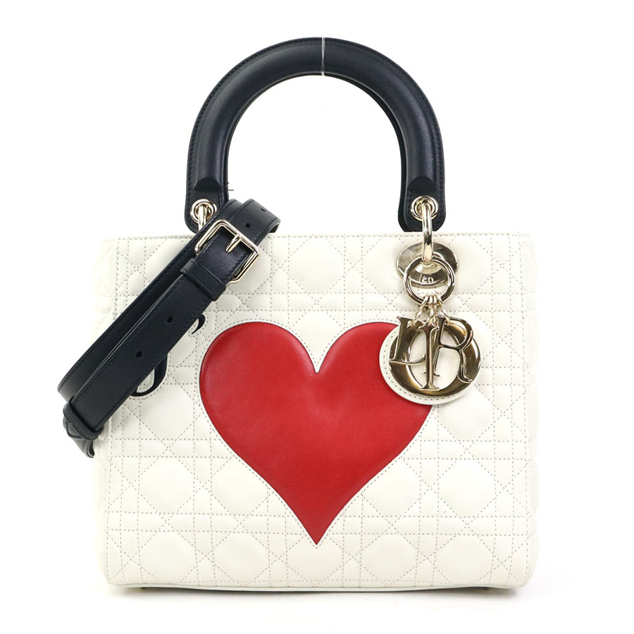 クリスチャンディオール Christian Dior ハンドバッグ ショルダーバッグ ディオールアムール レディディオール ラムスキン ホワイト×ブラック×レッド レディース 90130k
