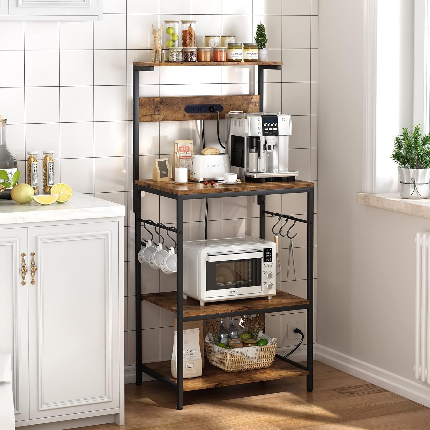 レンジ台 レンジラック キッチンラック キッチンシェルフ キッチン収納 56x42x128cm ベーカーズシェルフ スタンディングシェルフ 電子レンジ用シェルフ S字フック付き ブラックメタルフレーム