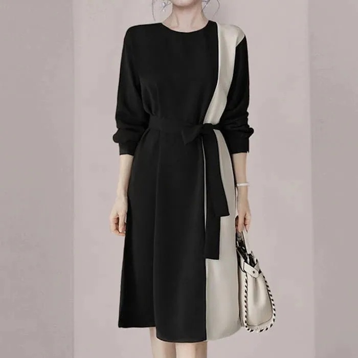 ワンピースレディース20304050作春秋Aラインツートーンハイウエストきれいめ入学式入園式卒業式卒園式ママ母服長袖人気膝丈