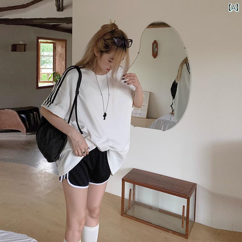 レディース トップス カジュアル おしゃれ ホワイト ラージ コットン Tシャツ 半袖年 夏 トレンド 丈 ボトムス Tシャツ