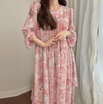 花柄ワンピース リボン ウエストマーク ワンピース ロング丈 長袖 パフスリーブ ラウンドネック セミフレア スリム 細身 ストレート スマート シフォン ウエストリボン 透け感 ブルーデニム 薄手