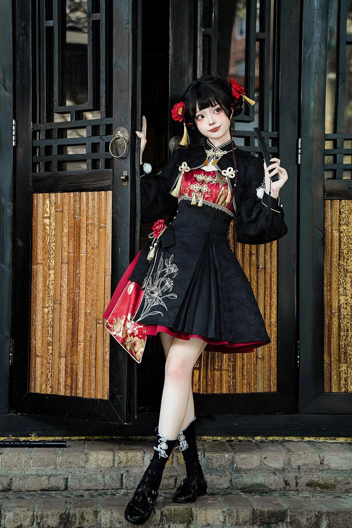 3点4点セット ロリータドレス 改良 長袖トップス 中華 チャイナ 立ち襟 花柄 ジャンパースカート ワンピース レディース ロリータ ハロウィンコスチューム ハロウィンパーティー 漢 学園祭 イ