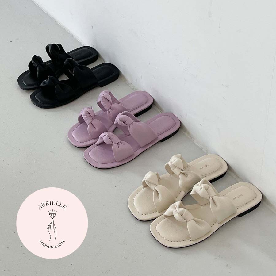 (S-007) Abrielle アブリエル リボン飾り ペタンコ　サンダル レディース クショニング スリッパ　韓国靴　フラットシューズ　［３カラー］