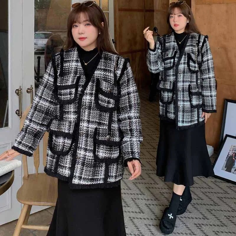 【ぽちゃまに】 冬 ドッキング 格子柄 コート ラジャー 裏起毛 大きいサイズ レトロ 体型カバー レディース アウター メガ割30%までに制限 7,861円