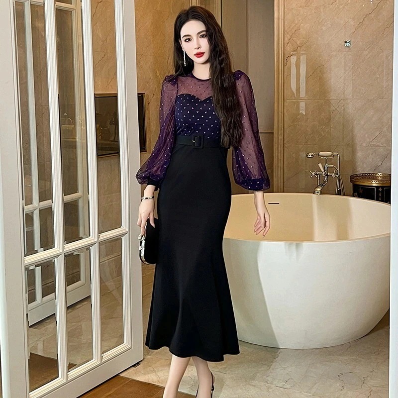 秋冬 大人 ワンピース チュール ドッキング フリル パーティードレス キャバ 着痩せ 大人 同窓会 披露宴 卒業式 結婚式 演奏会 ウェディング 二次会30%までに制限