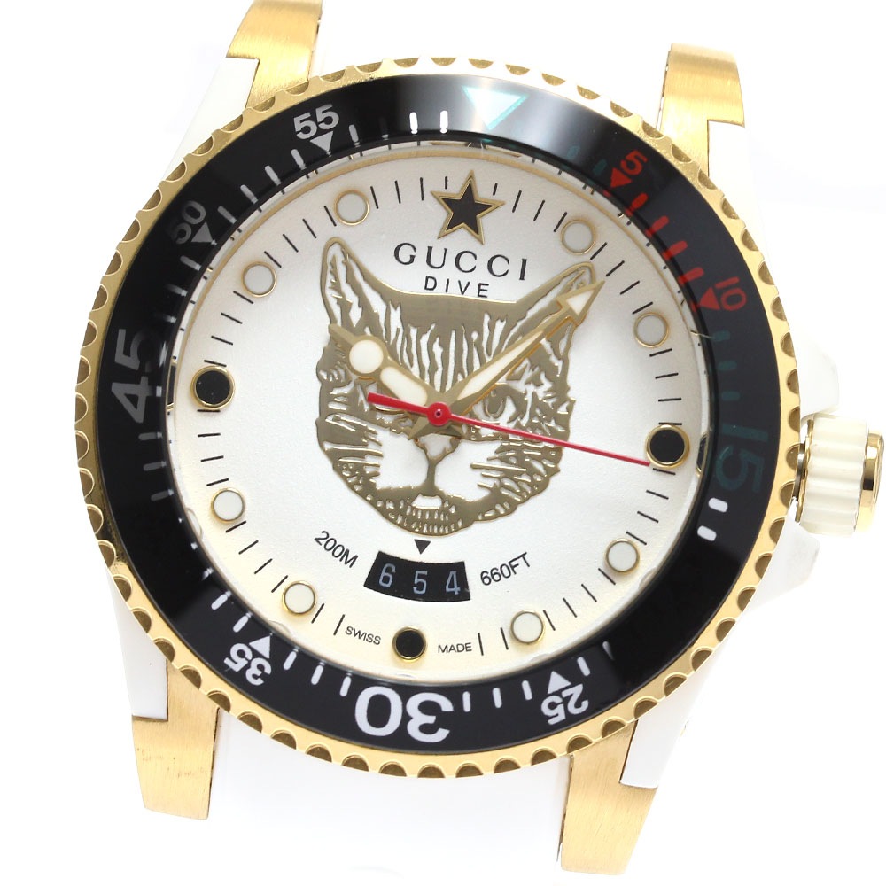グッチ GUCCI 136.3/YA136322 ダイブ デイト ミスティックキャット クォーツ メンズ 良品 内箱付き_913920【中古】