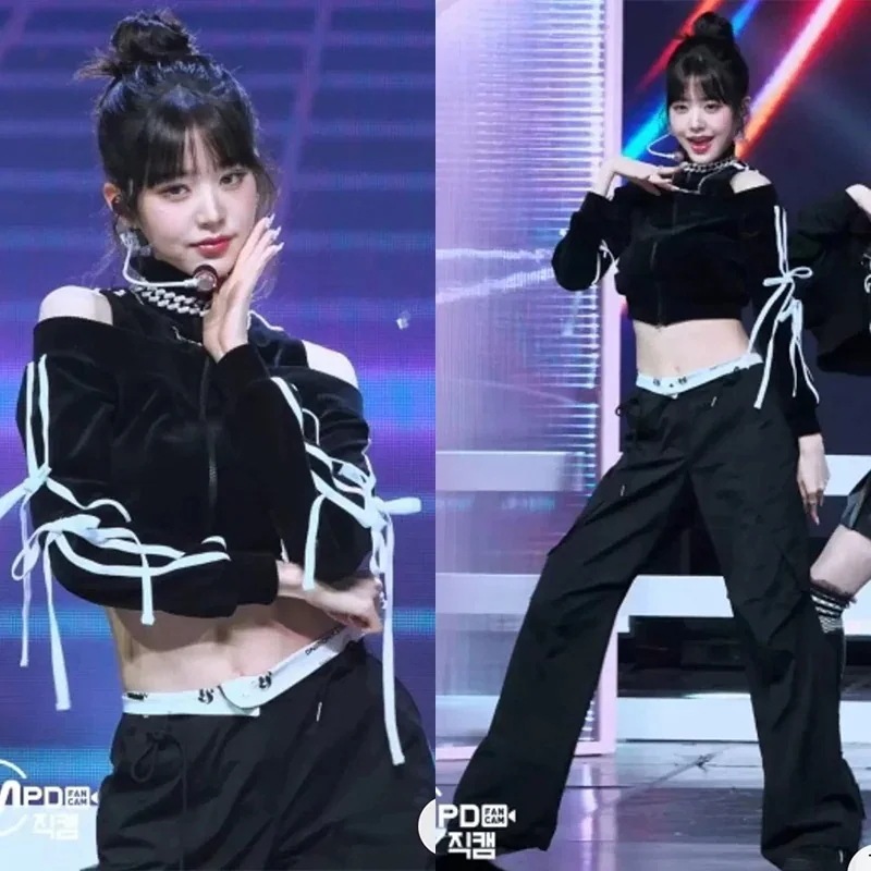 Ive Zhang Yuanying 黒オフショルダー長袖ジャズストリートステージ衣装