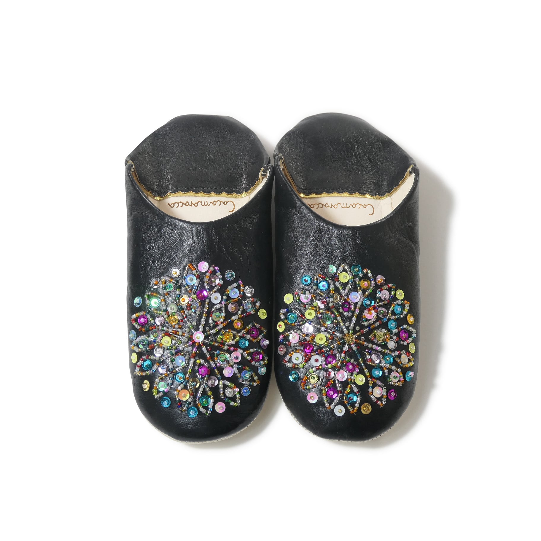 ブラック （ミックス スパンコール）cocomorocco ココモロッコ 本革 ルームシューズ レディース 無臭 レザー バブーシュ スリッパ モロッコ（室内用 来客用 携帯用 プレゼント ギフト