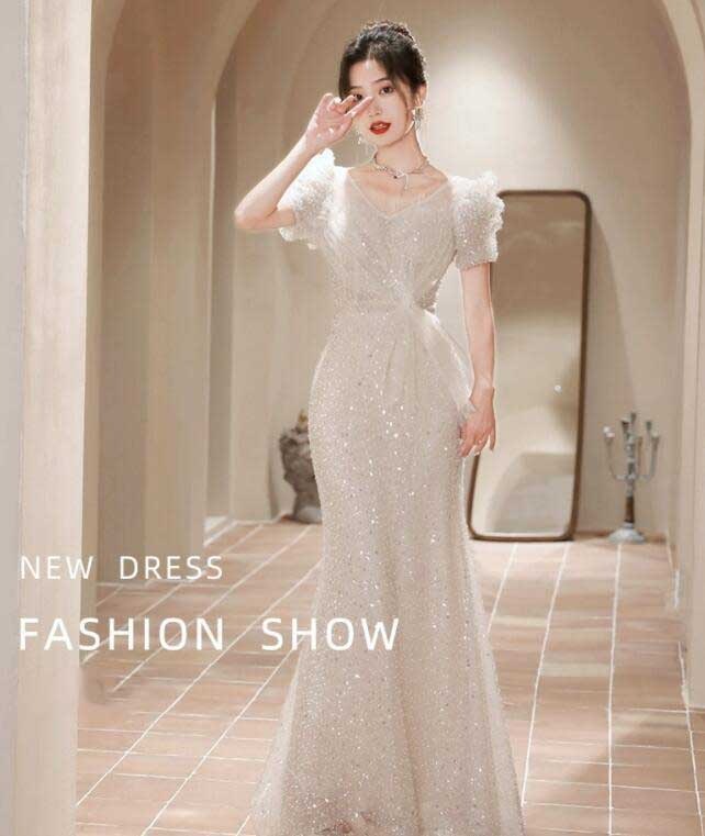 【高品質の製品】高級感 レディース ｄｒｅｓｓ ドレス エレガント お呼ばれ スパンコール ロングドレス フィッシュテール 上品 キレイめ 姫系 フランス風 礼服 成人式 パーティー 宴会 音楽会 演